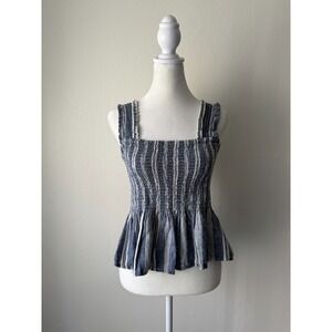 Maeve Anthropologie Blue Striped Smocked Peplum Tank Top Medium Boho Cottagecore